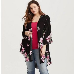 Torrid Black and Pink Floral Kimono Cover Up Long